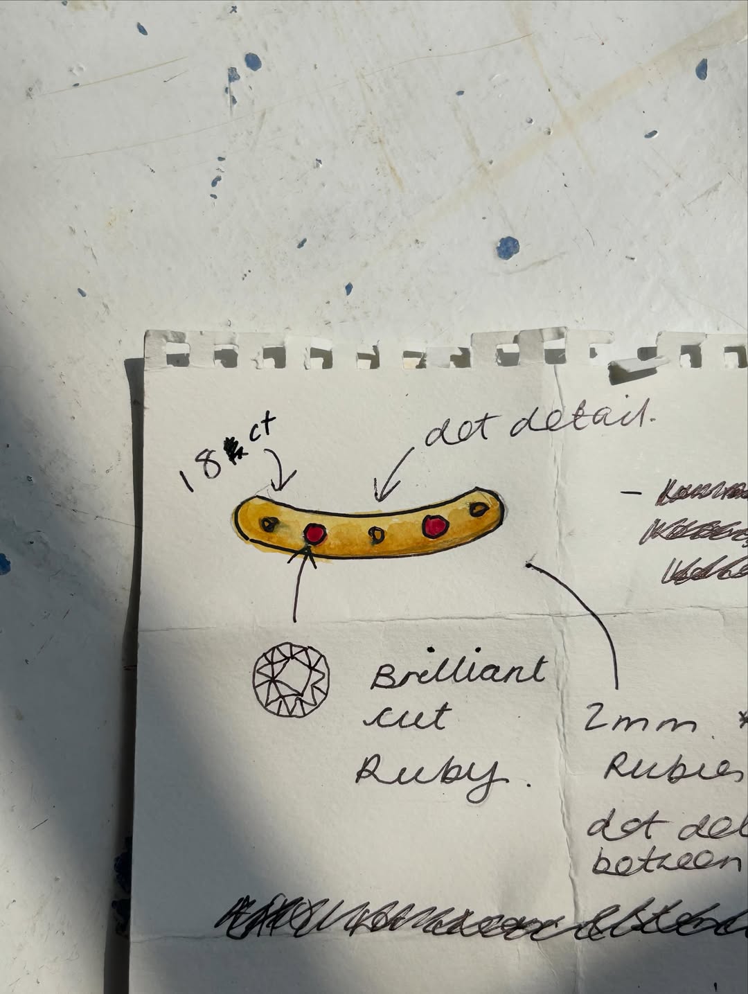 A watercolour design sketch noting an 18ct band with brilliant-cut rubies and dot detail